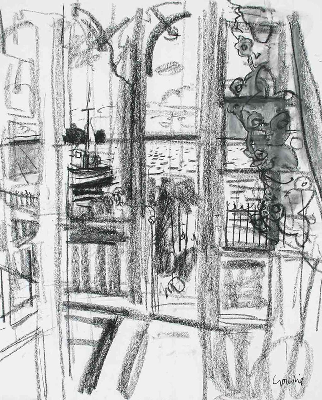 Alexander Goudie, 'The Harbour through the Windows', chalk on paper