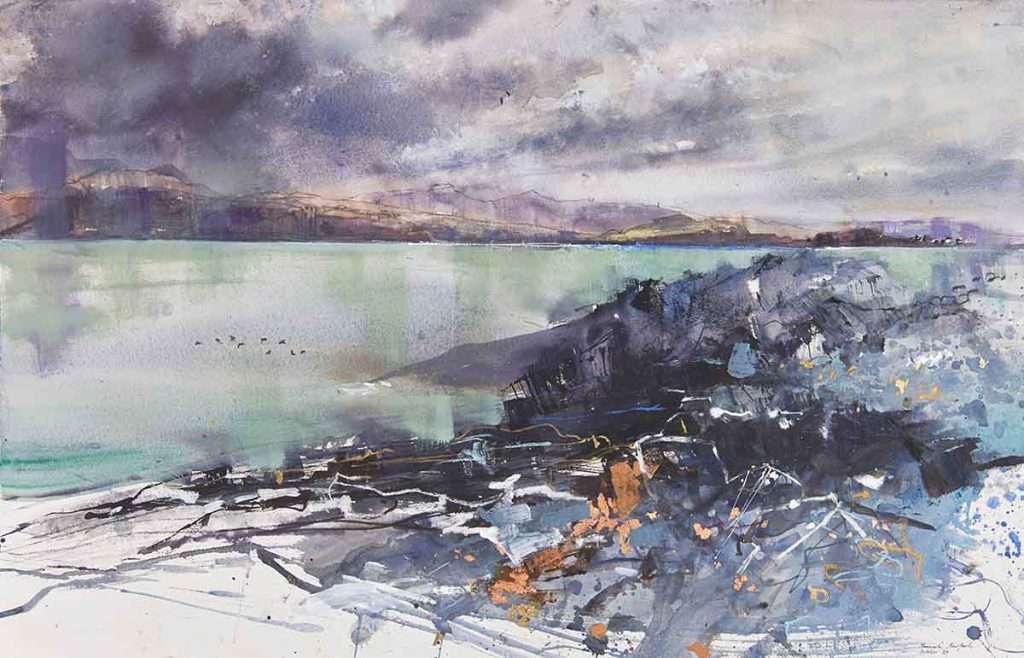 'Dark Slate and Gold, Isle of Luing', mixed media on paper