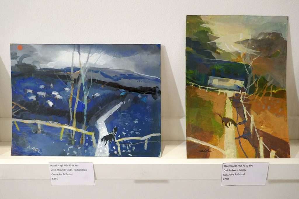 Hazel Nagl, ‘Well Strand Fields, Kibarchan’ and the ‘Old Railway Bridge’, both gouache and pastel