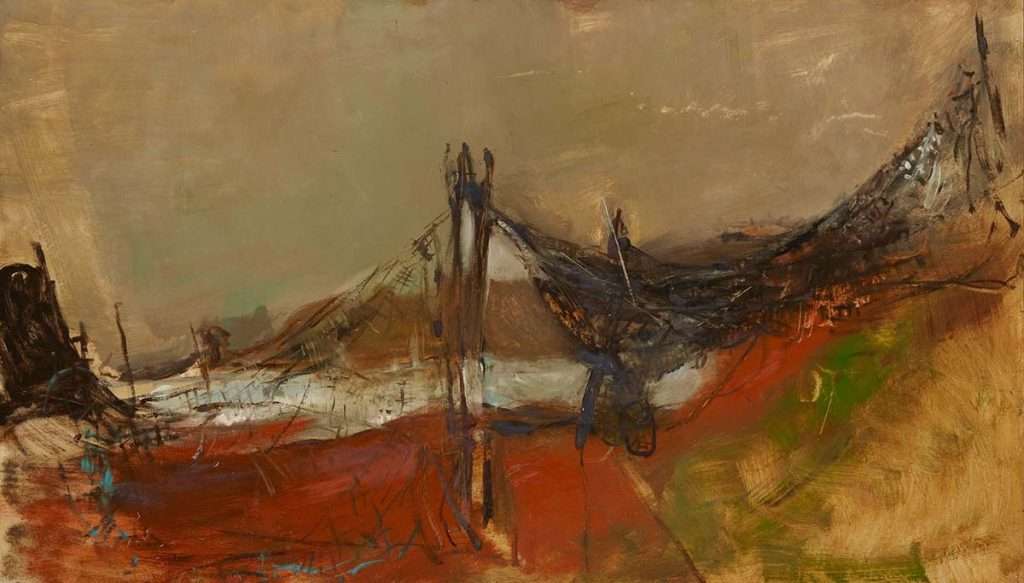 Joan Eardley RSA, 'Fishing Nets, Catterline', oil on board