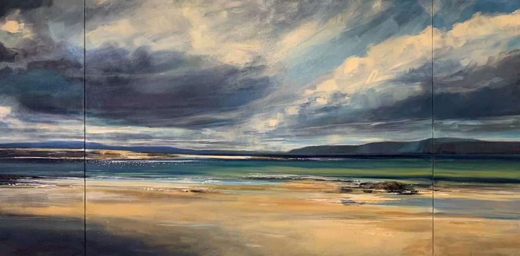 Sarah Carrington, 'Iona Clouds', oil, emulsion, gold leaf on canvas panels (triptych)