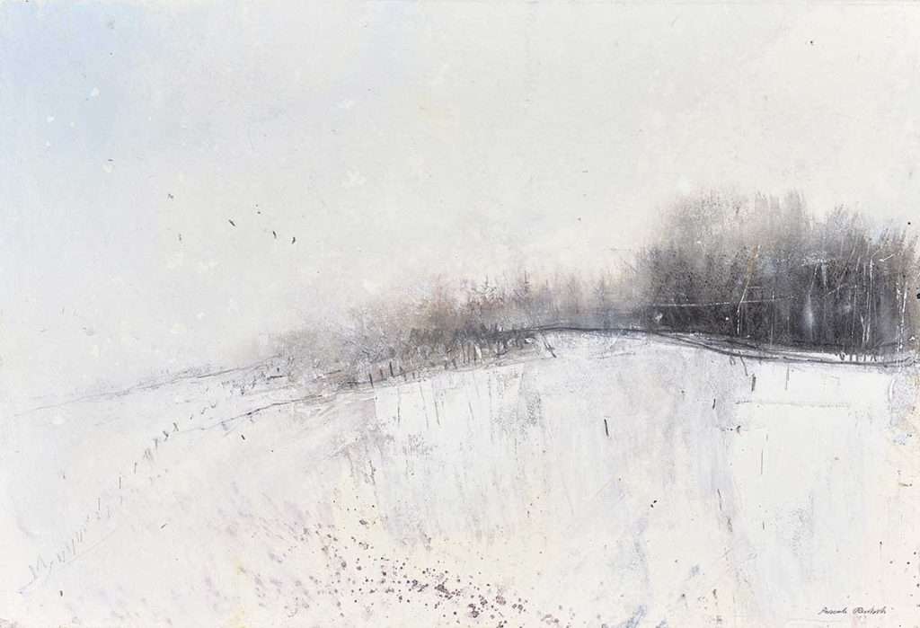 'Snowflakes amongst Birch Trees' mixed media on paper
